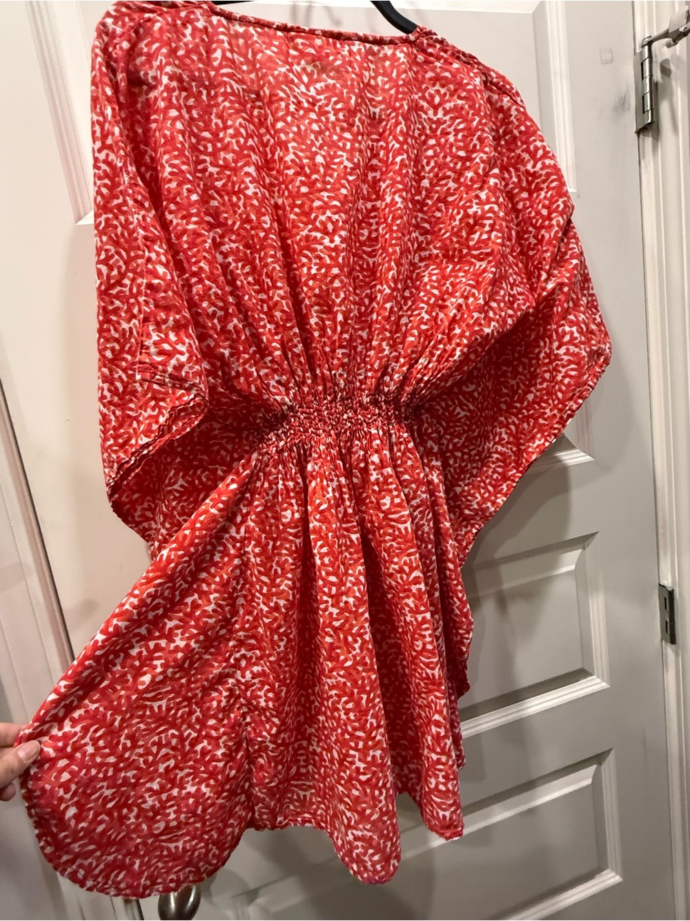 Lindsay Phillips Coral / Red Abstract Print Smocked Kaftan Dress M/L - Picture 10 of 10